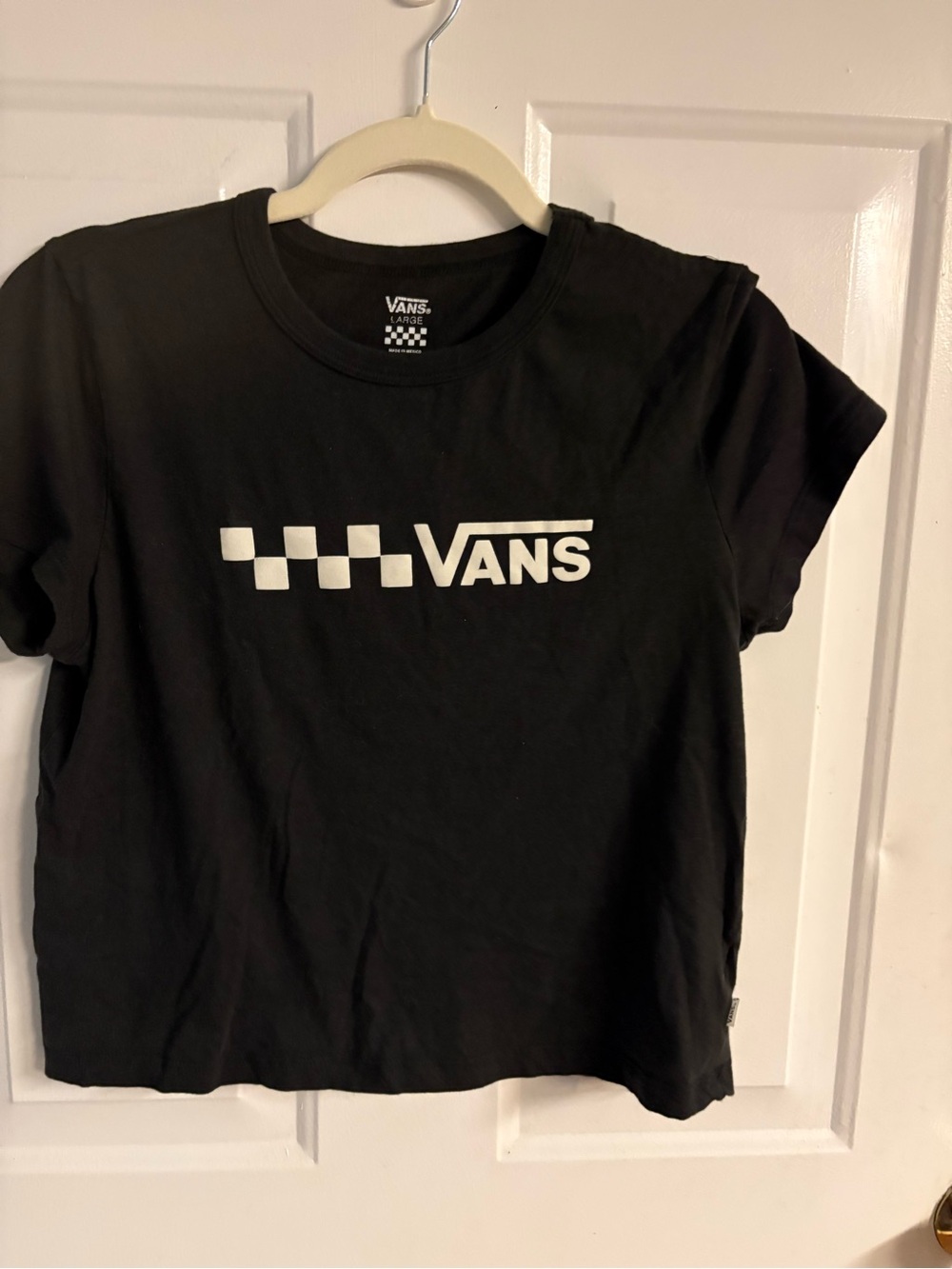 Vans Lock Box Cropped Graphic Tee – Black/White Checkerboard Logo – Size Large